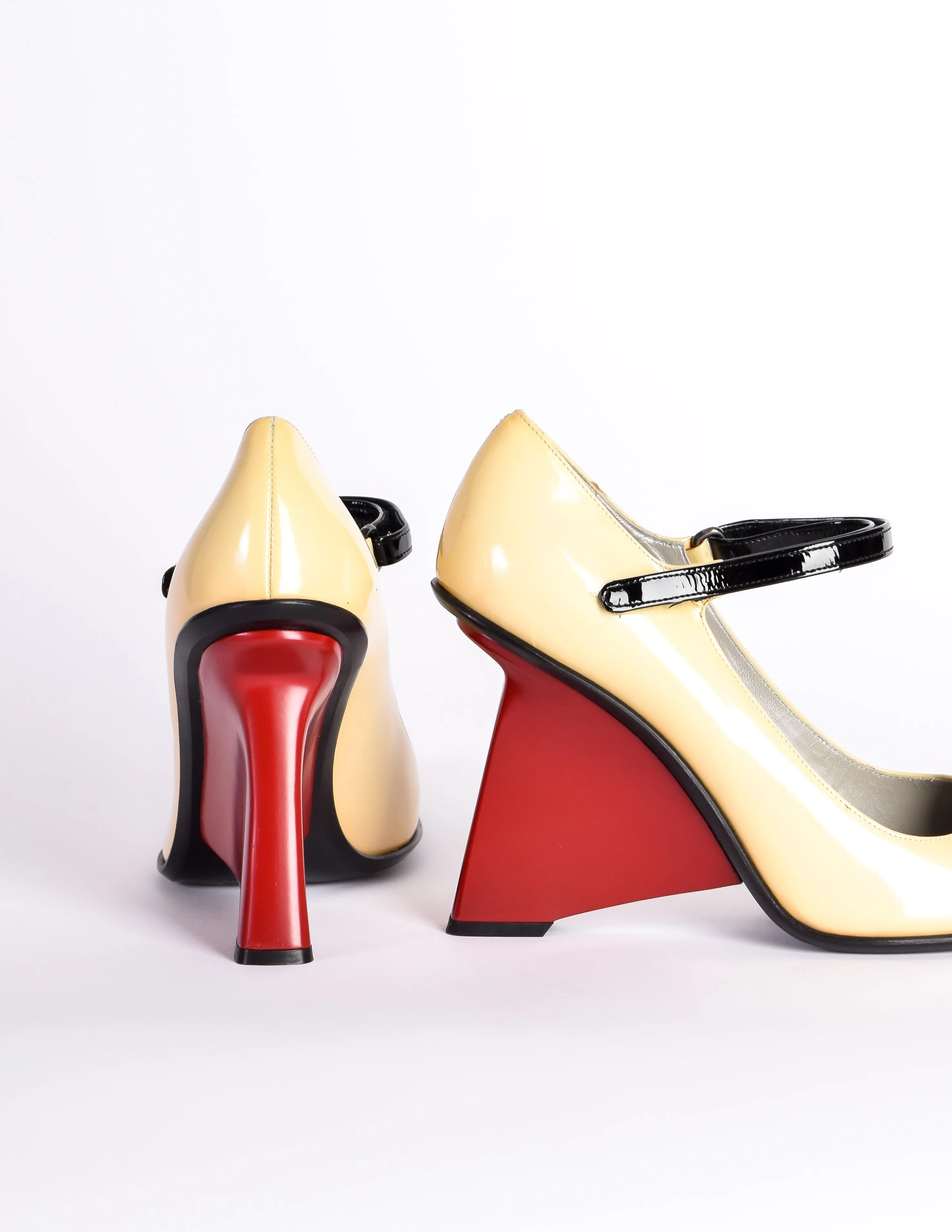 Prada Vintage 1998 Cream Black Red Mary Jane Patent Leather Sculpted Wedge Heels Shoes