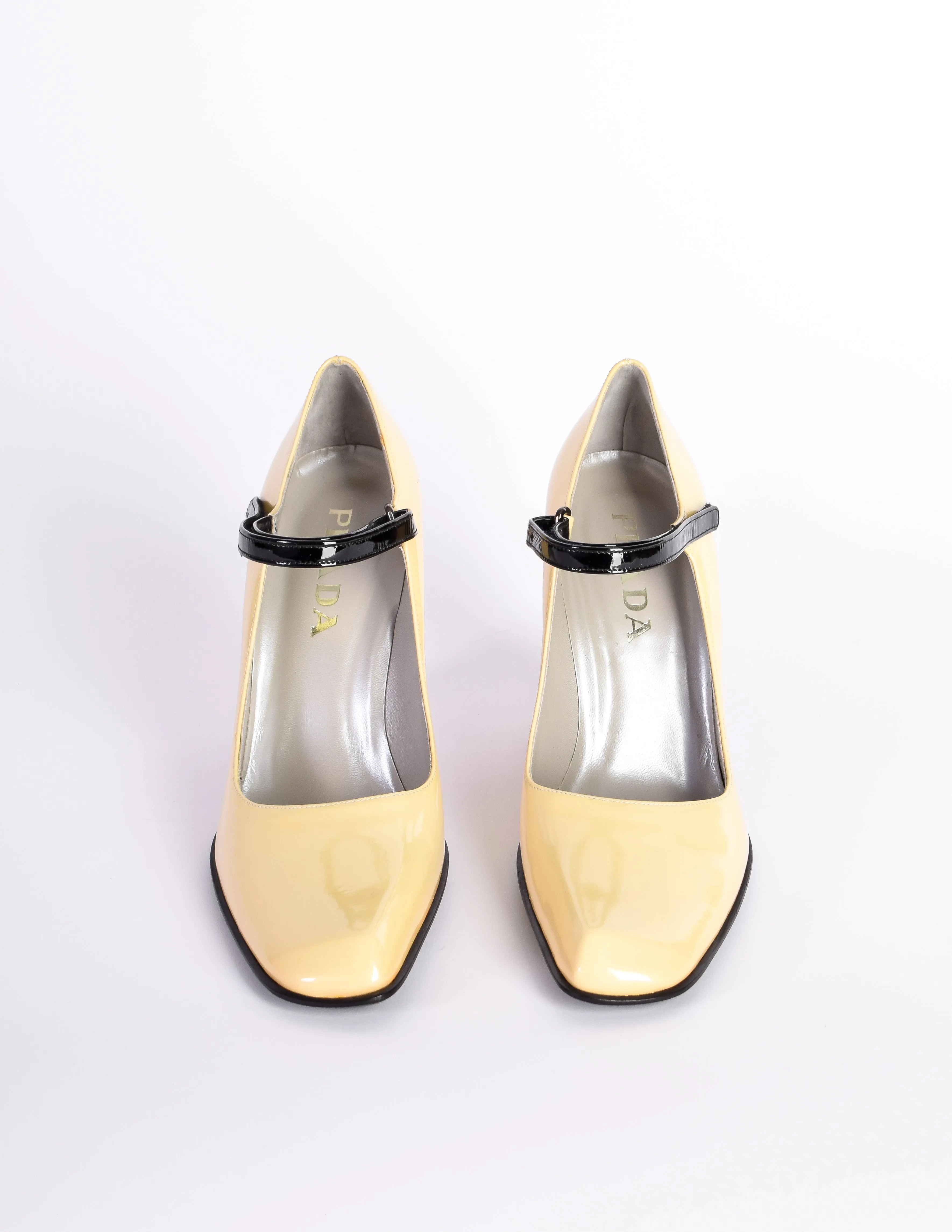 Prada Vintage 1998 Cream Black Red Mary Jane Patent Leather Sculpted Wedge Heels Shoes