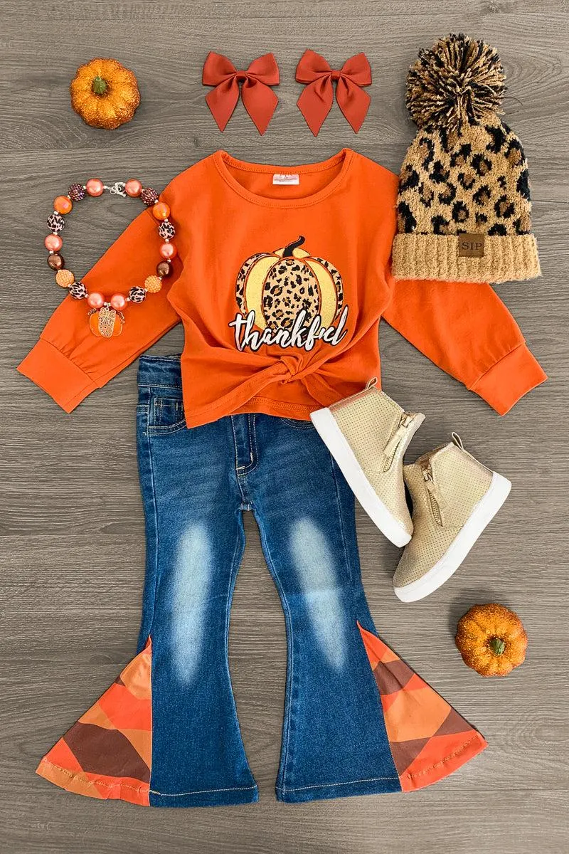 "Thankful" Glitter Pumpkin Denim Flare Set