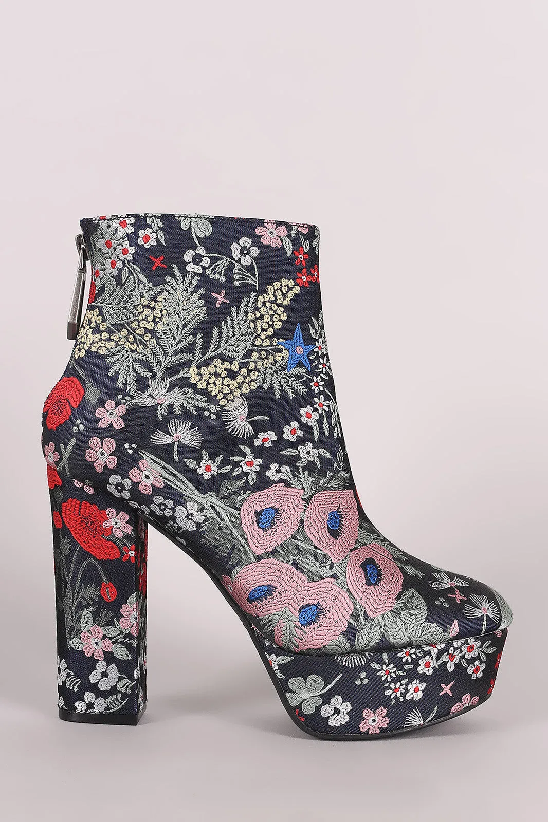 Qupid Floral Brocade Chunky Heeled Platform Booties