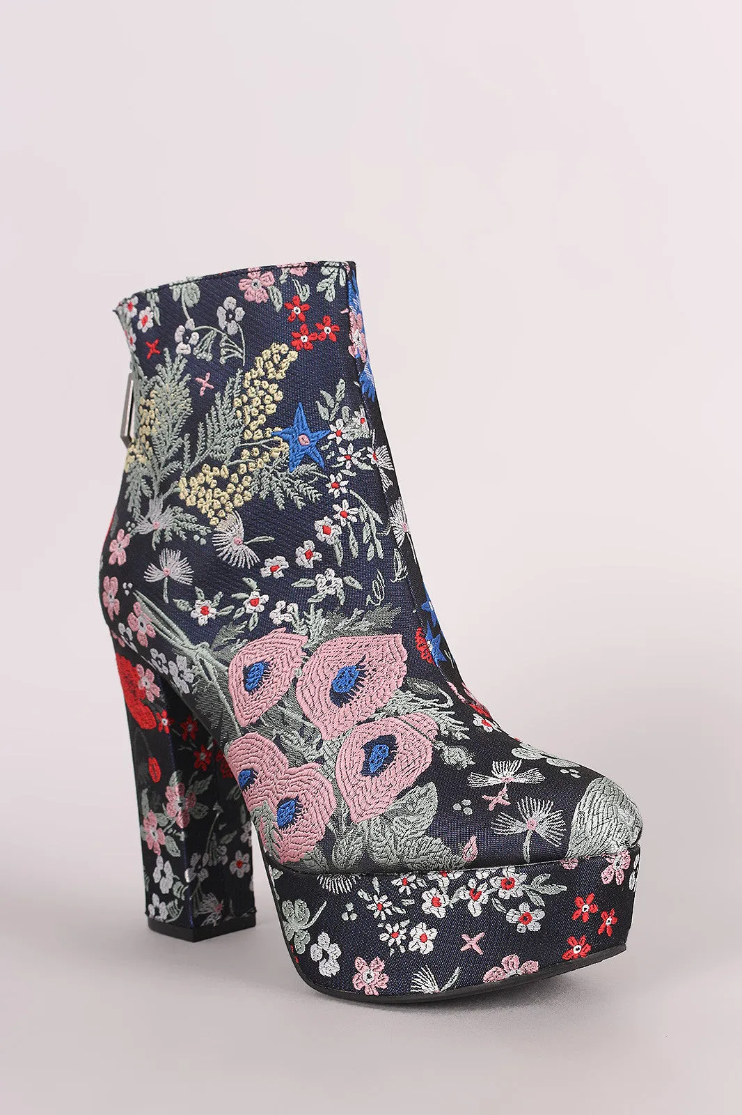 Qupid Floral Brocade Chunky Heeled Platform Booties