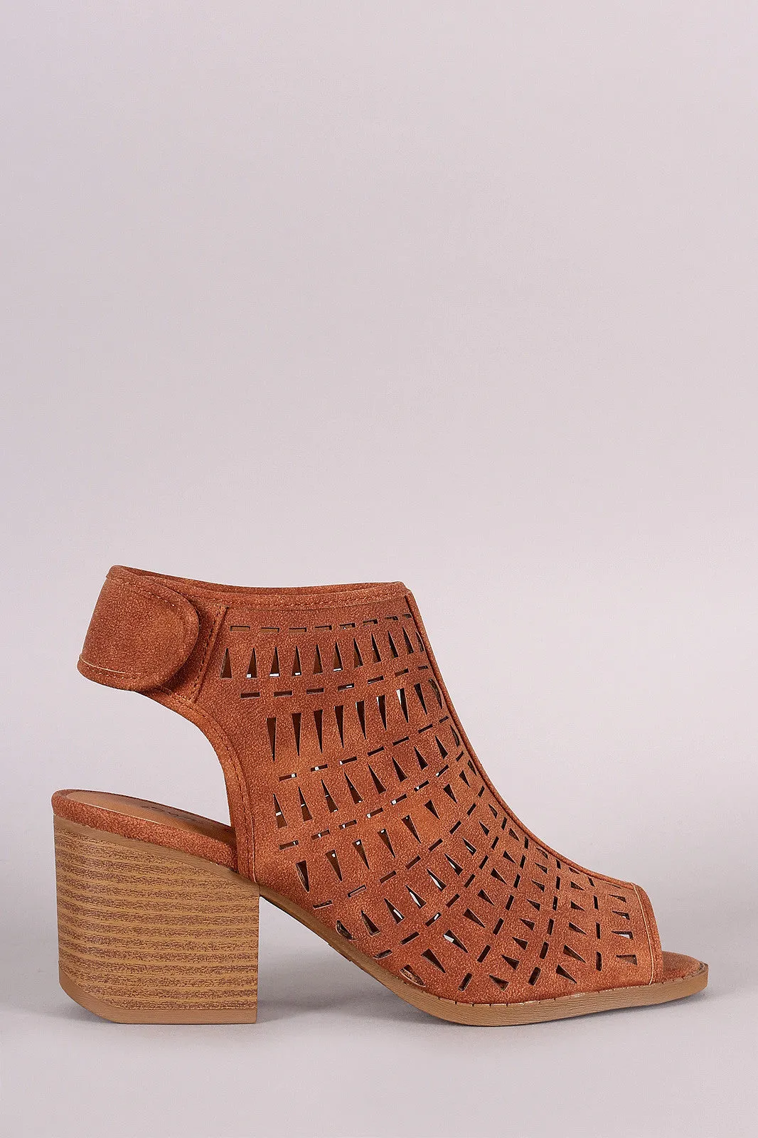 Qupid Perforated Peep Toe Block Heel Bootie