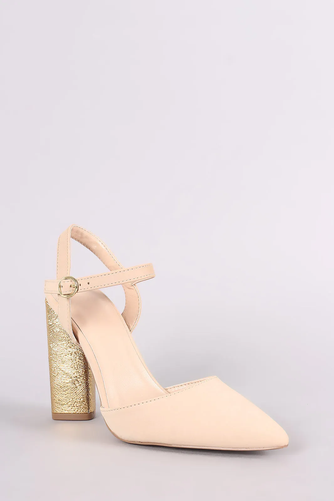 Qupid Pointy Toe Metallic Textured Chunky Heeled Pump