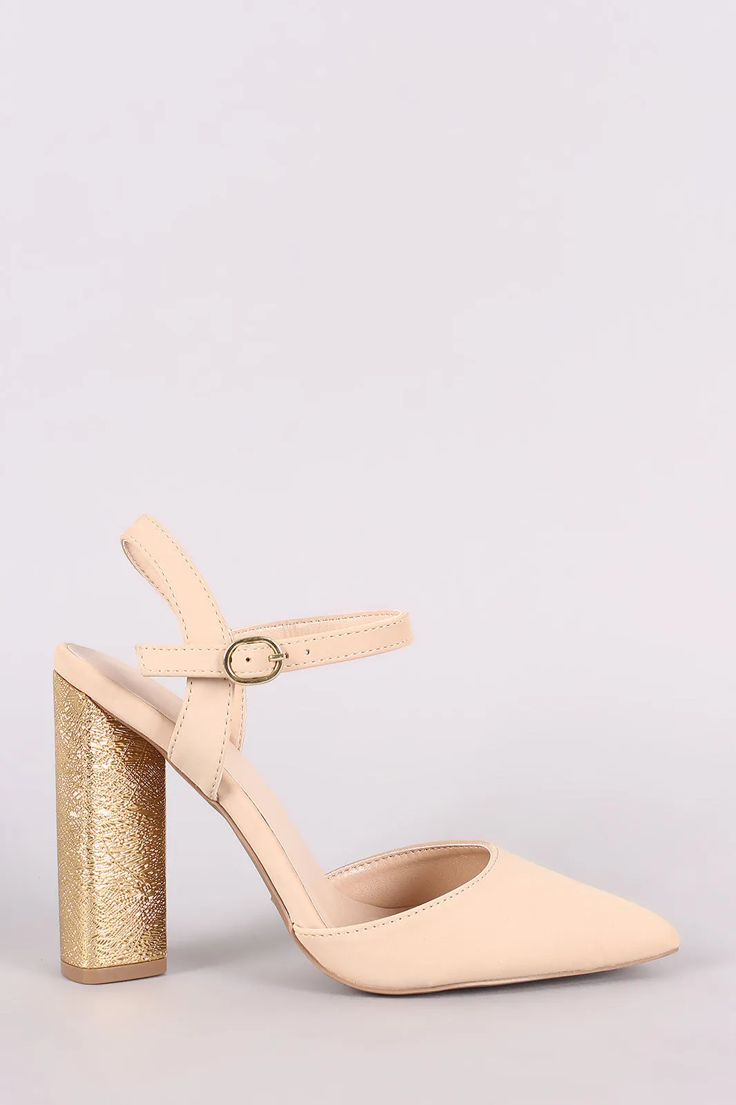 Qupid Pointy Toe Metallic Textured Chunky Heeled Pump