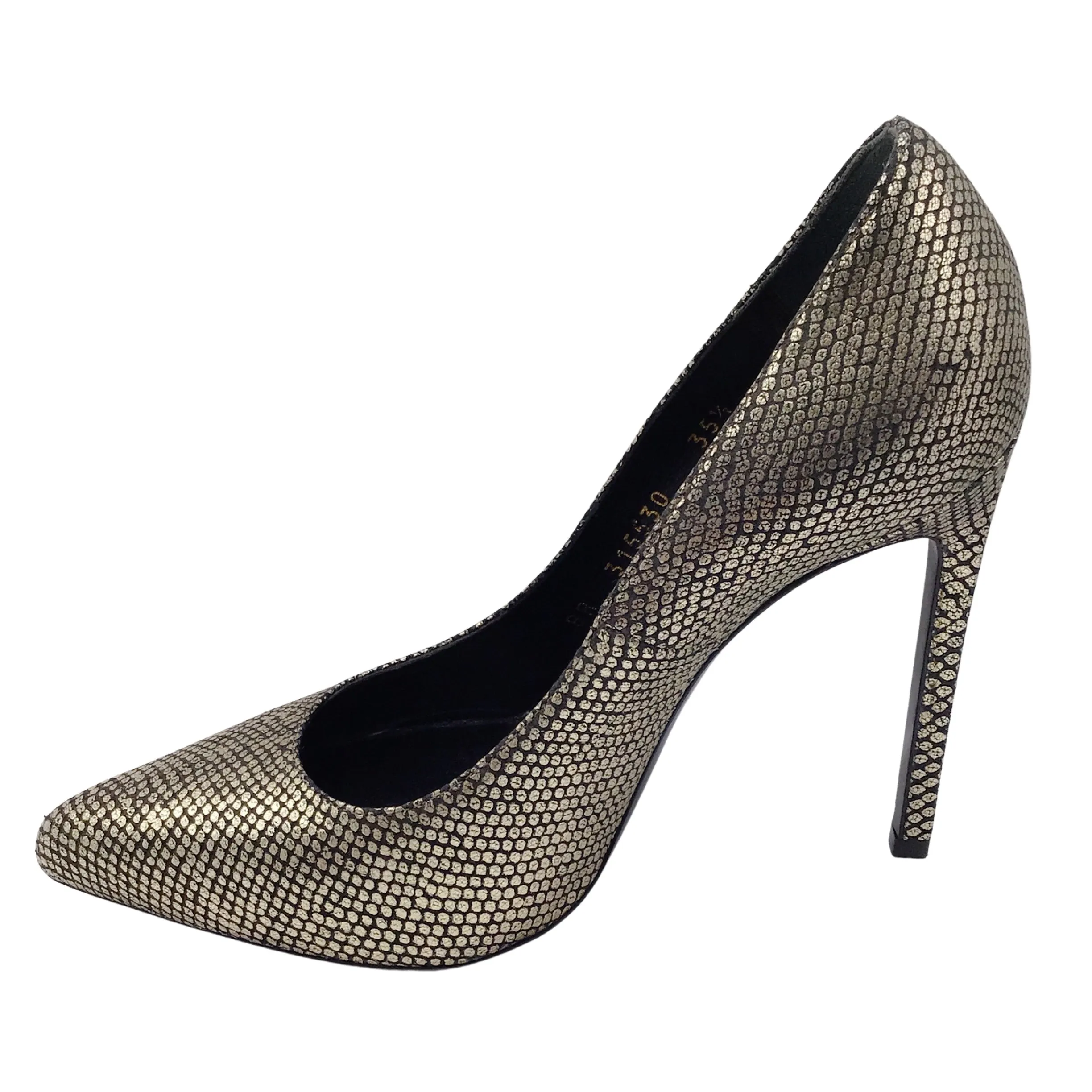 Saint Laurent Sahara Black / Gold Metallic Pointed Toe Snake Print Pumps