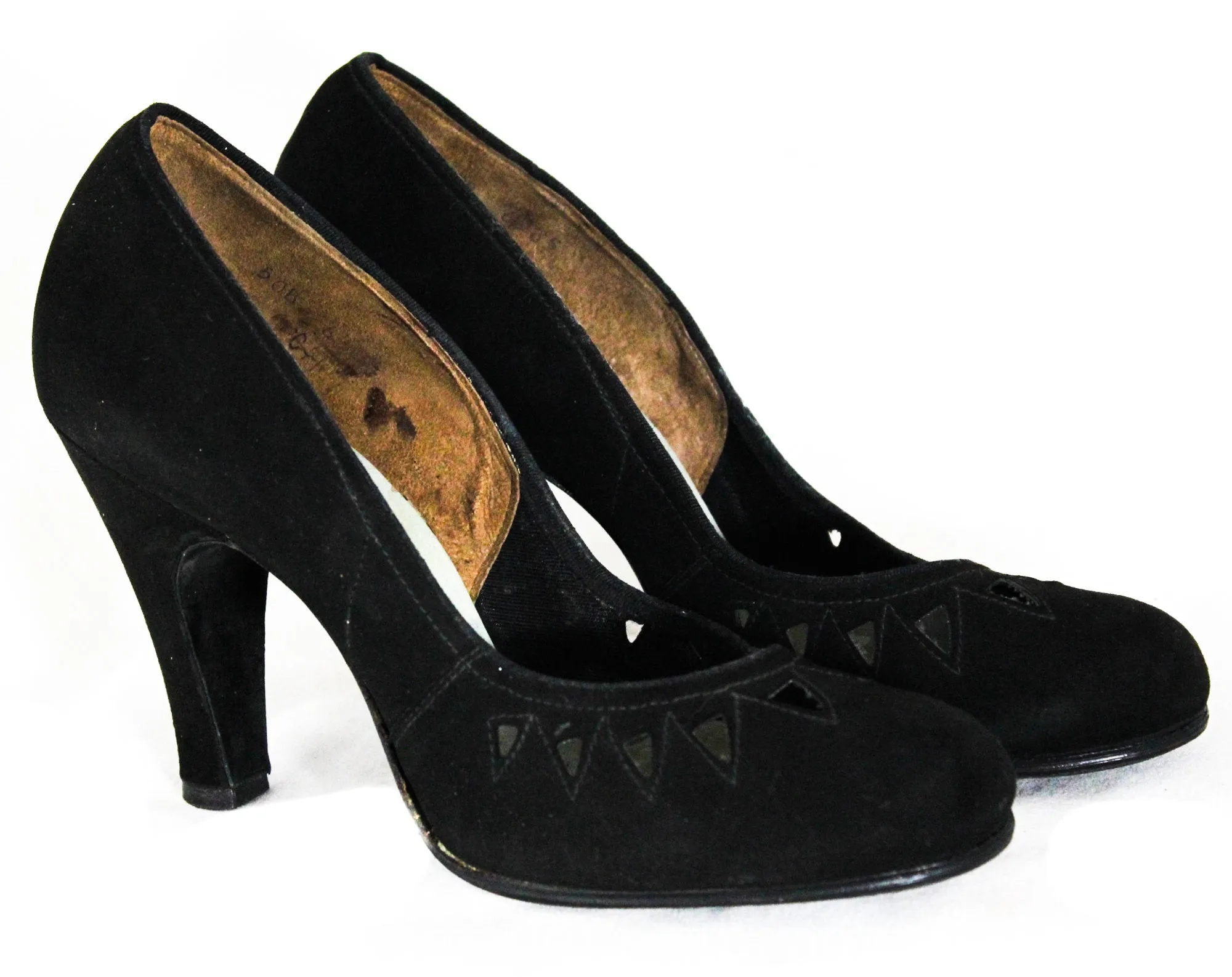 Size 5 1940s Black Suede Shoes - Unworn 40s Pin Up Girl High Heels with Jagged Sawtooth Cutouts - Round Toe - Beautiful WWII NOS Deadstock