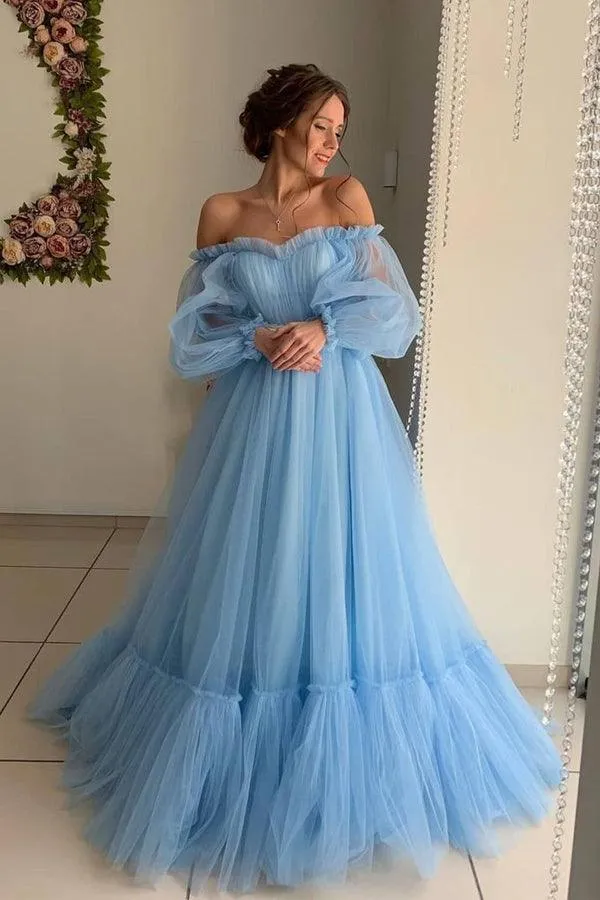 Sky Blue Tulle Off the Shoulder Long Prom Dress Elegant Evening Dresses  PG971