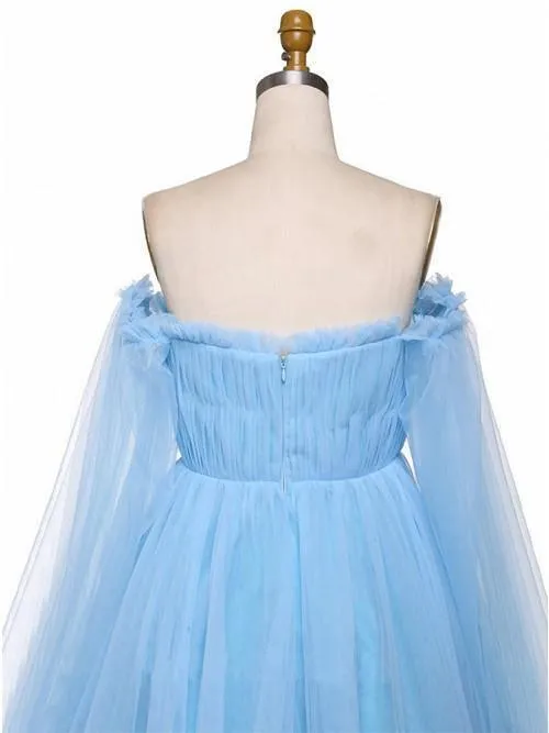 Sky Blue Tulle Off the Shoulder Long Prom Dress Elegant Evening Dresses  PG971