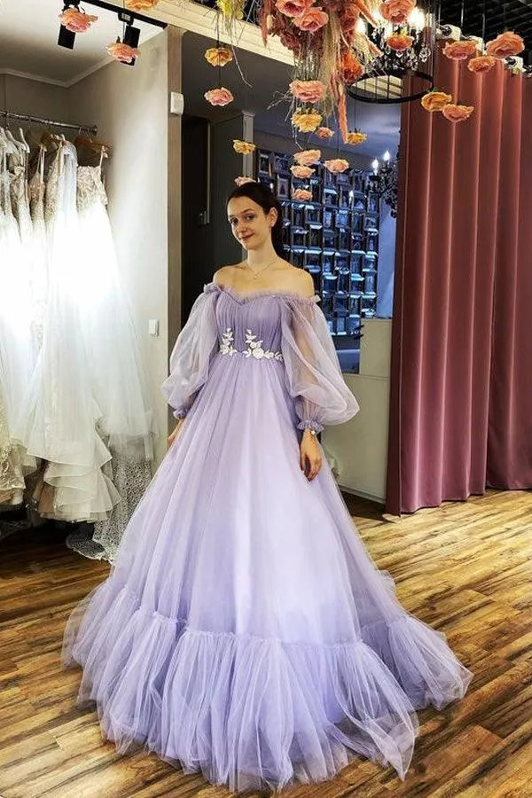 Sky Blue Tulle Off the Shoulder Long Prom Dress Elegant Evening Dresses  PG971