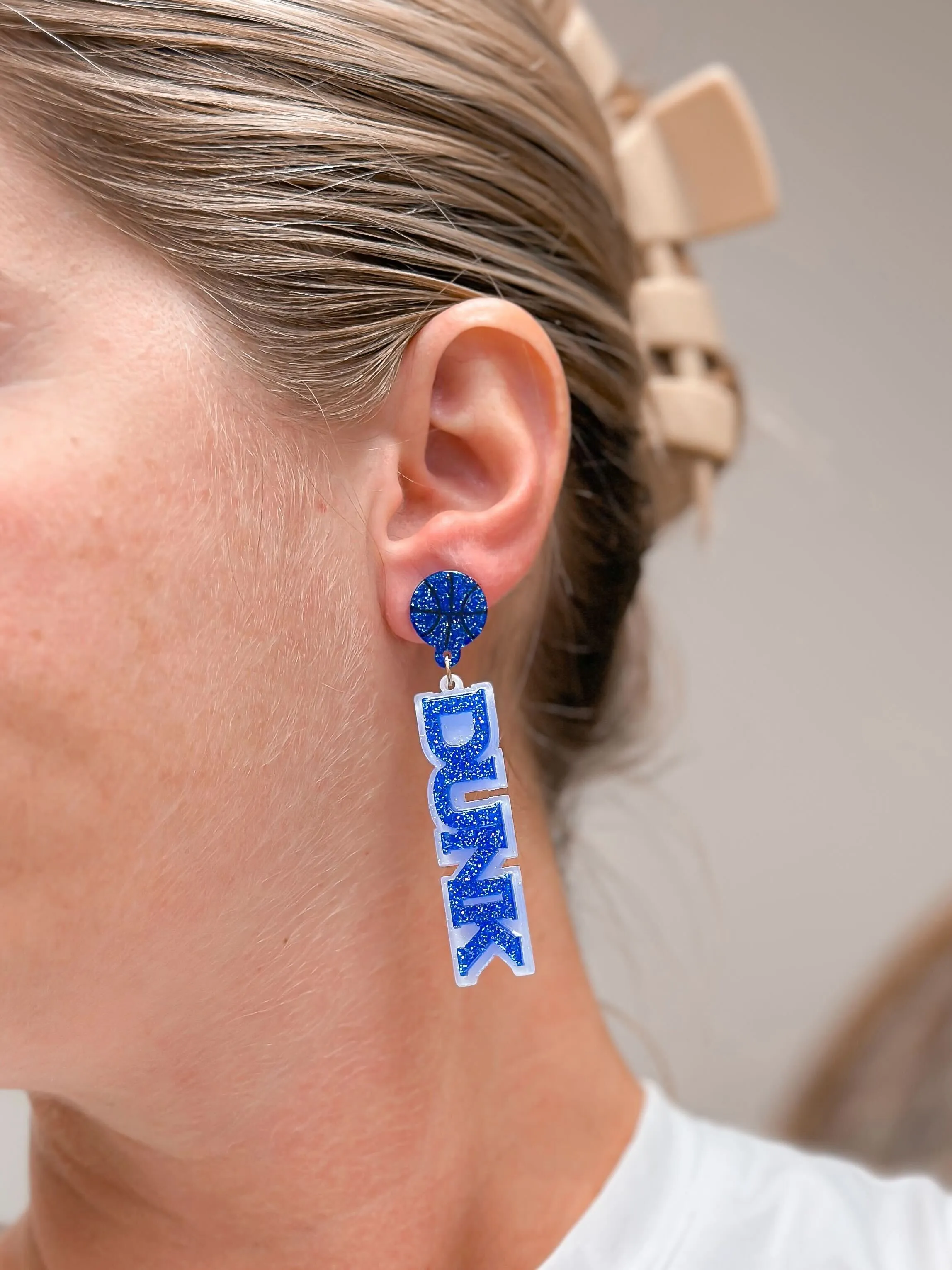 'Slam Dunk' Statement Dangle Earrings - Blue & White Glitter