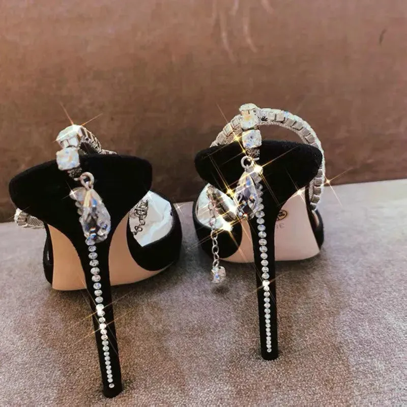 TAVIMART  -  French Stiletto Heels Pointy one-line Buckle Fairy Single Shoes Celebrity Crystal Wedding Pumps Rhinestone Strappy Sandals