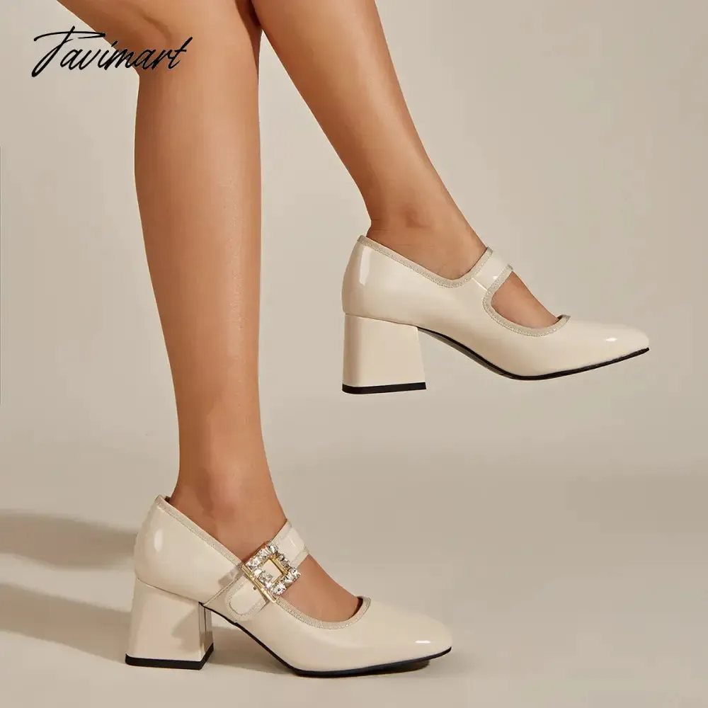 Tavimart Marry Jane Pumps For Women Buckle Strap Low Heel Classic Office Lady Pumps Shoes Spring Rhinetone Bling Chunky Heeled