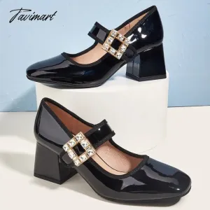 Tavimart Marry Jane Pumps For Women Buckle Strap Low Heel Classic Office Lady Pumps Shoes Spring Rhinetone Bling Chunky Heeled