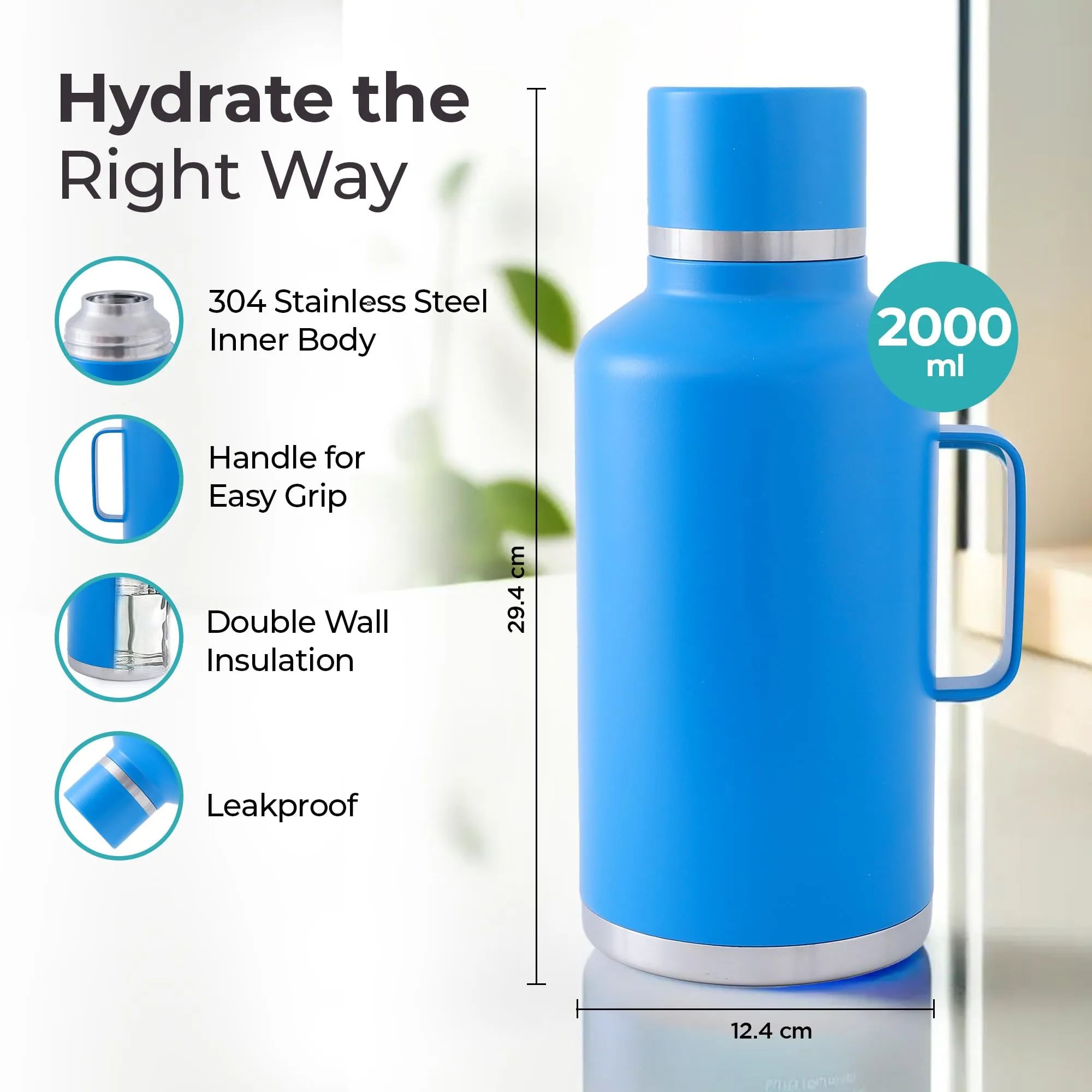 The Better Home Atlas | 2000ml Double Walled Vacuum Thermosteel Water Bottle|Stainless Steel | Hot and Cold | Insulated Water Bottle for Office, Gym, Travel | BPA-Free | Leakproof | Rustproof | Blue