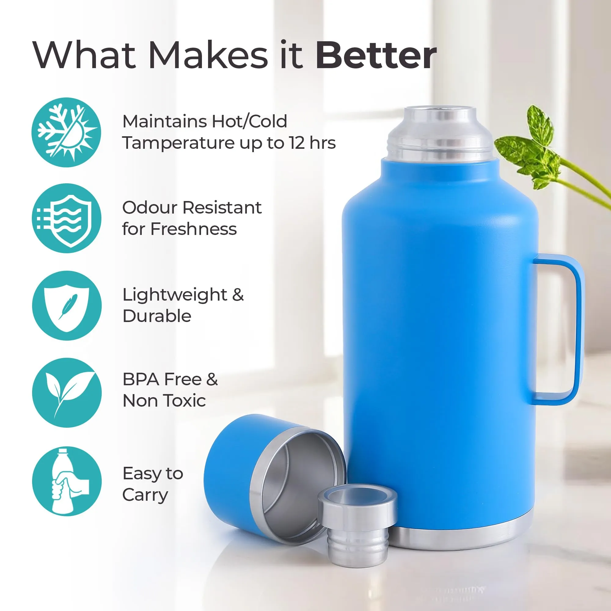 The Better Home Atlas | 2000ml Double Walled Vacuum Thermosteel Water Bottle|Stainless Steel | Hot and Cold | Insulated Water Bottle for Office, Gym, Travel | BPA-Free | Leakproof | Rustproof | Blue