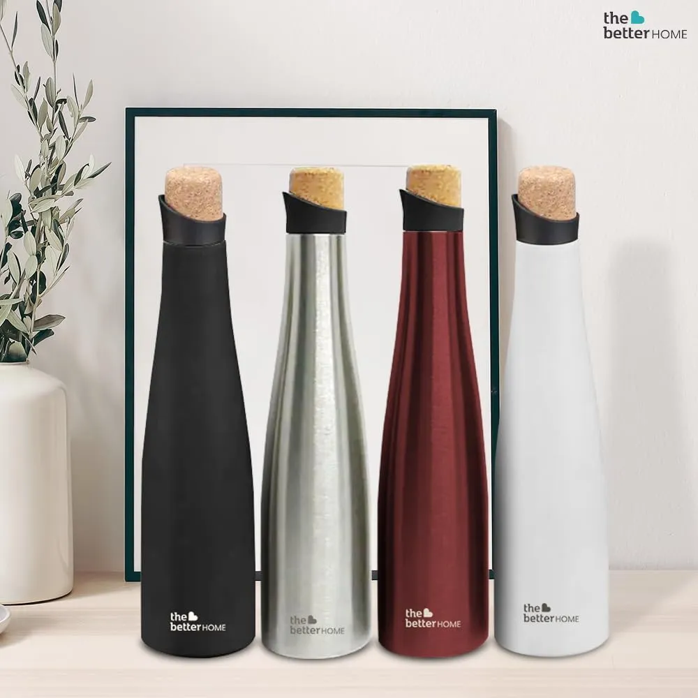 The Better Home Insulated Stainless Steel Water Bottle 500ml | 18 Hours Insulation Cork Cap | Hot Cold Gym Office School | Airtight | Leak Proof | BPA Free | Plain Silver Colour | Pack of 1