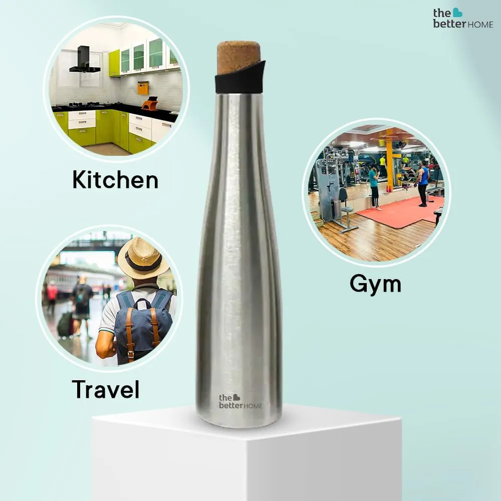 The Better Home Insulated Stainless Steel Water Bottle 500ml | 18 Hours Insulation Cork Cap | Hot Cold Gym Office School | Airtight | Leak Proof | BPA Free | Plain Silver Colour | Pack of 1