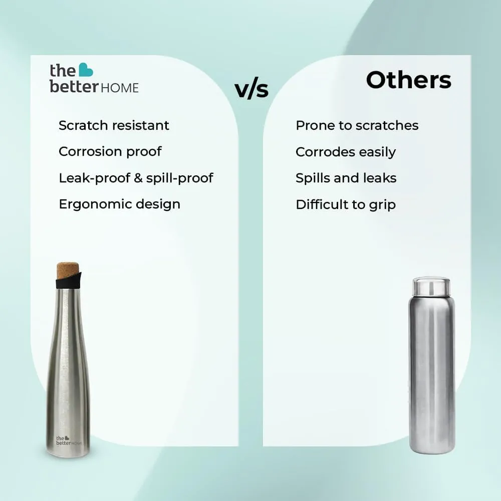 The Better Home Insulated Stainless Steel Water Bottle 500ml | 18 Hours Insulation Cork Cap | Hot Cold Gym Office School | Airtight | Leak Proof | BPA Free | Plain Silver Colour | Pack of 1