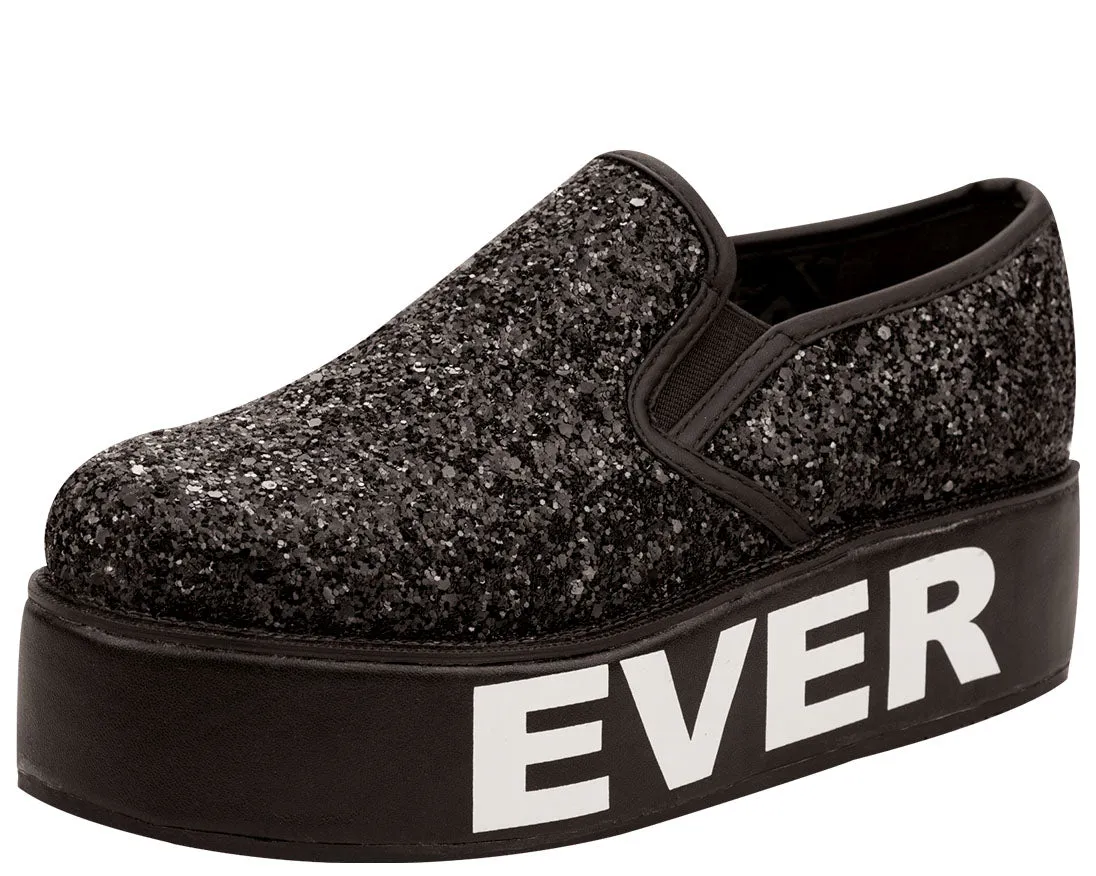 T.U.K Black Glitter "WHATEVER" Slip On Creepers