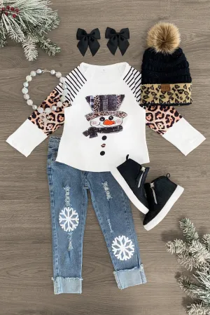 White Cheetah Snowman Denim Pant Set