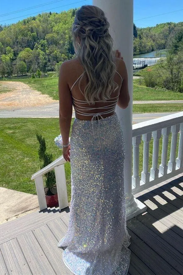 White Sequins Long Prom Dresses Backless Mermaid Formal Dress PSK357