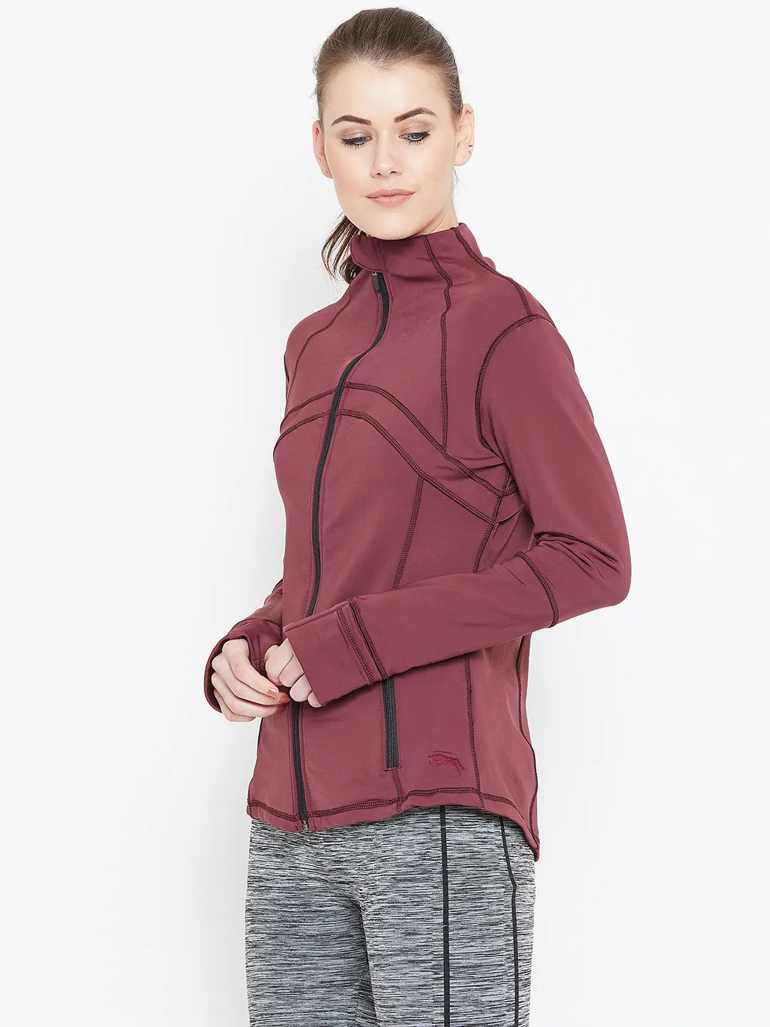 Women Maroon Solid Sporty Jacket