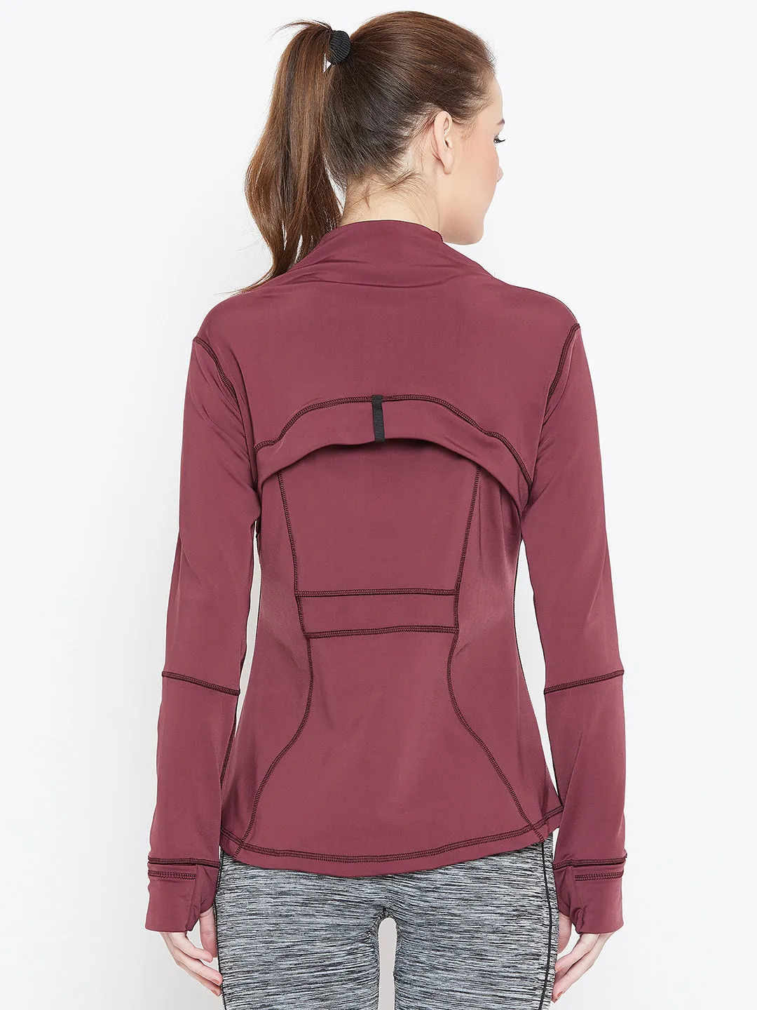 Women Maroon Solid Sporty Jacket