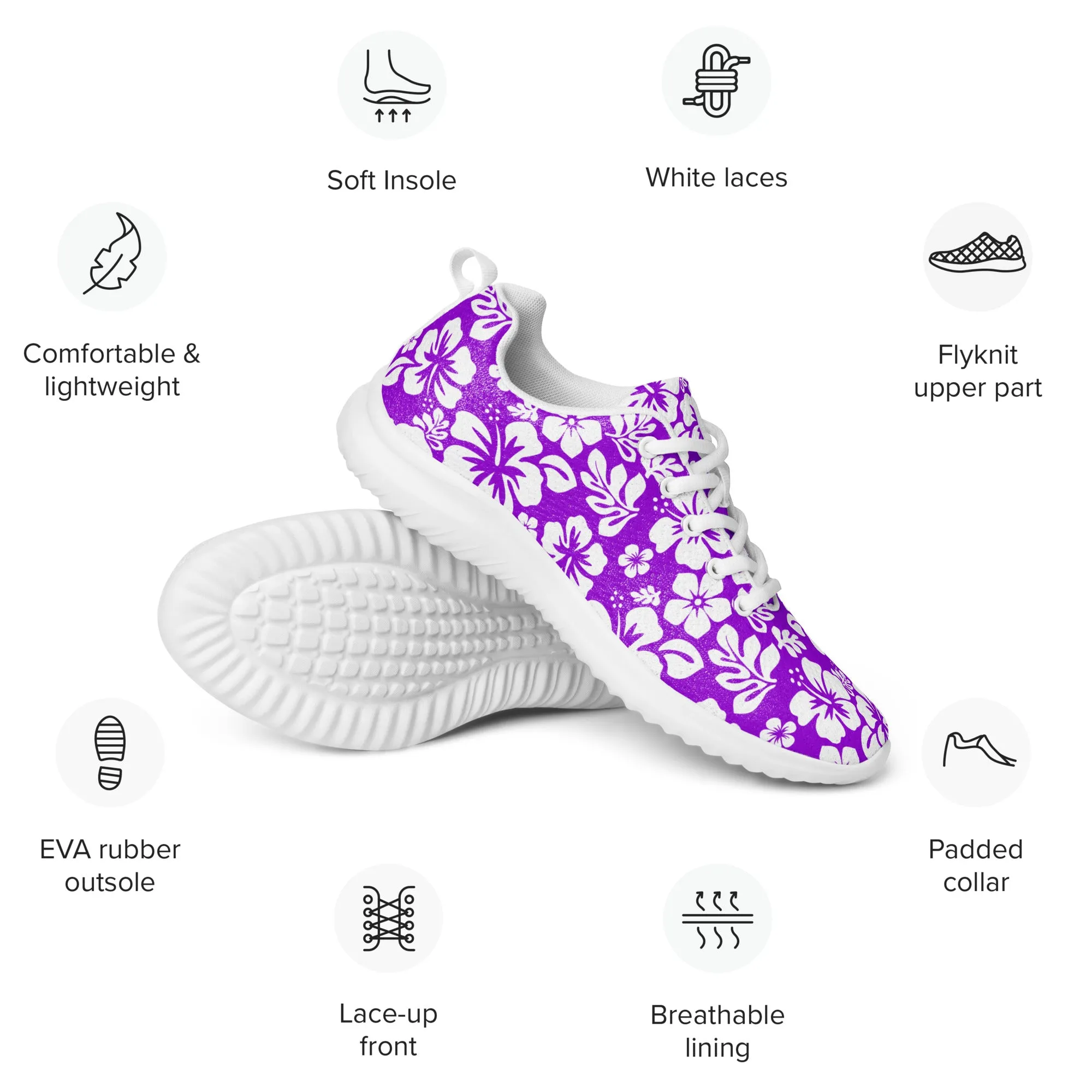 Women’s Purple and White Hawaiian Flowers Athletic Shoes